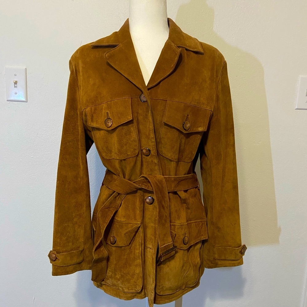 IZZI women's small genuine leather belted jacket EUC vintage brown suede